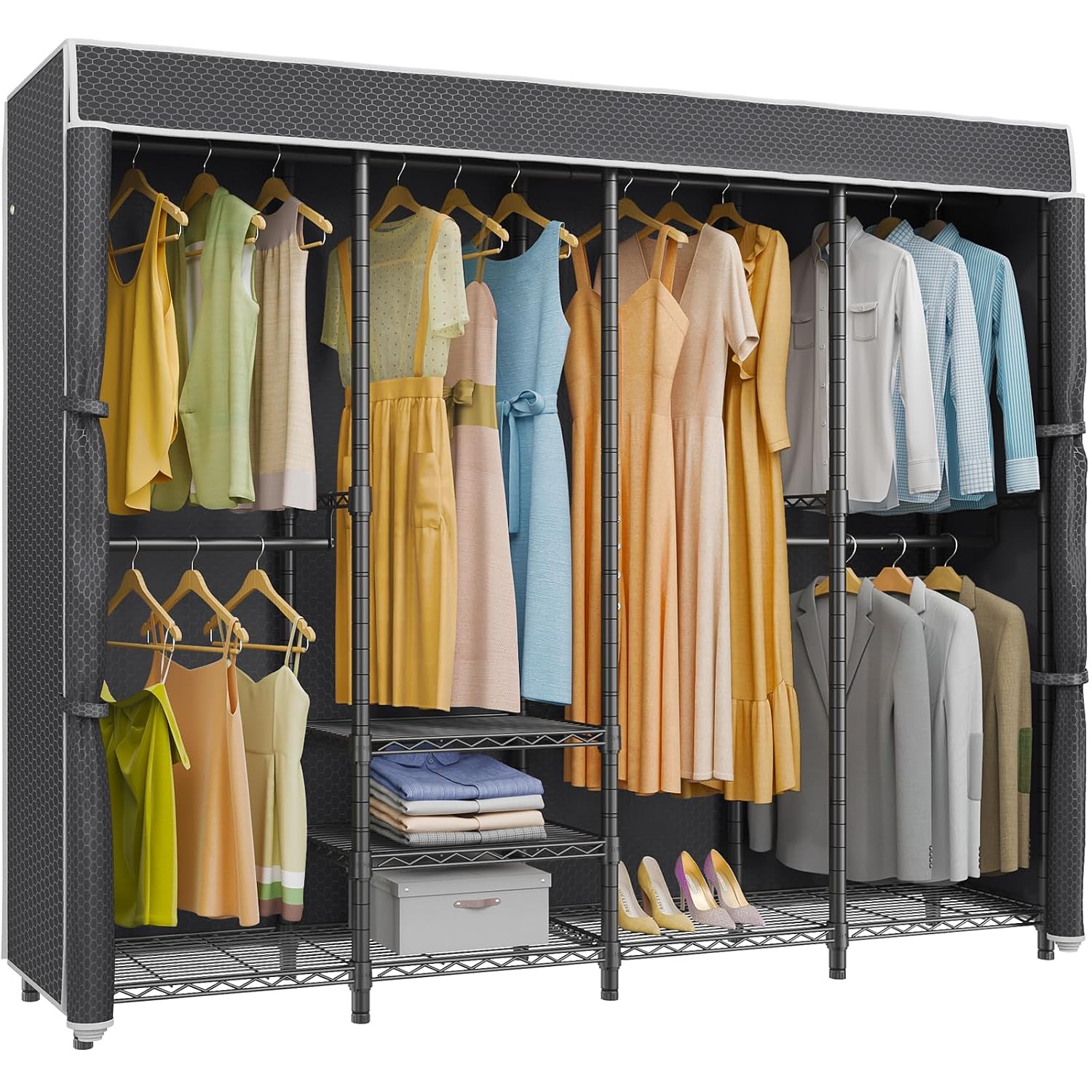 Wardrobe Closet Portable Fabric Cover - 中型カバー付き衣類ラック、自立型、オックスフォード生地カバー、調整可能なポータブルクローゼット、寝室用、耐荷重900ポンド、カスタマイズ可能