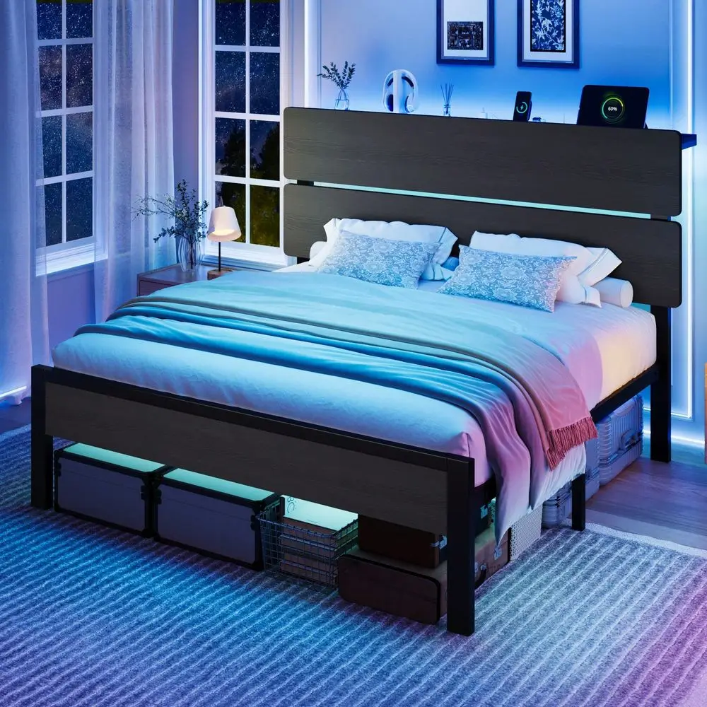 Canopy Bed Frame Metal Queen - ツイン・フル・クイーン・キングサイズベッドフレーム、LEDライト内蔵充電ステーション、木製収納ヘッドボードとフットボード、金属製ベース