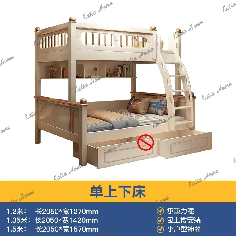King Size Bed Frame With Storage Drawers - 135x190cmの木製マットレス付き二段ベッド。スライド式の梯子、キングサイズのフレーム、引き出し3つ付き。子供用ロフトベッド。