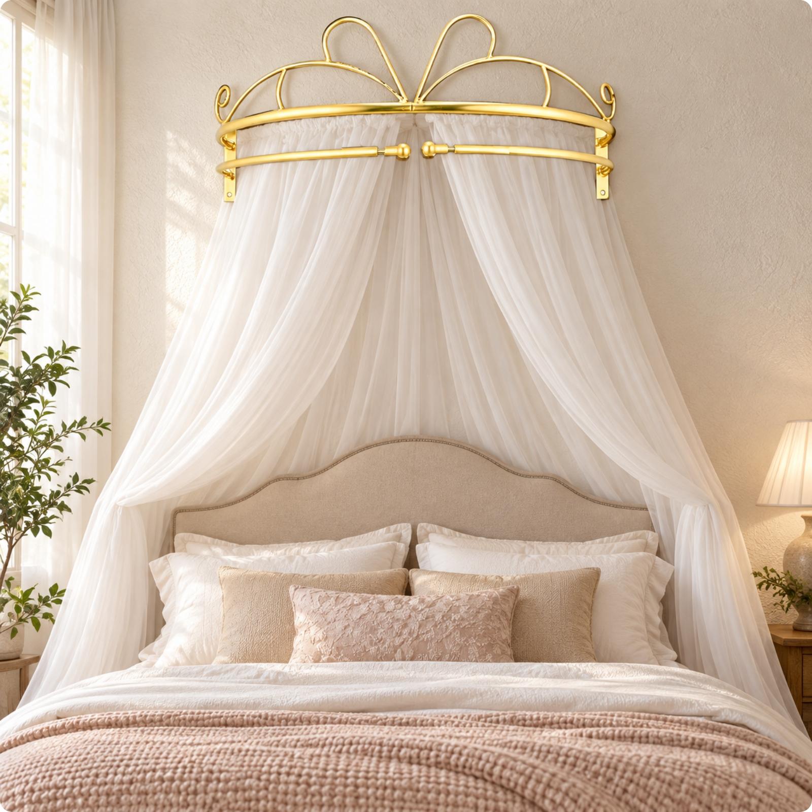 Canopy Bed Frame Metal Queen - クイーン、キング、フルサイズのベッドに取り付け可能な、金色の金属製壁掛け式ベッドキャノピー・カーテンフレーム。寝室の装飾に最適。