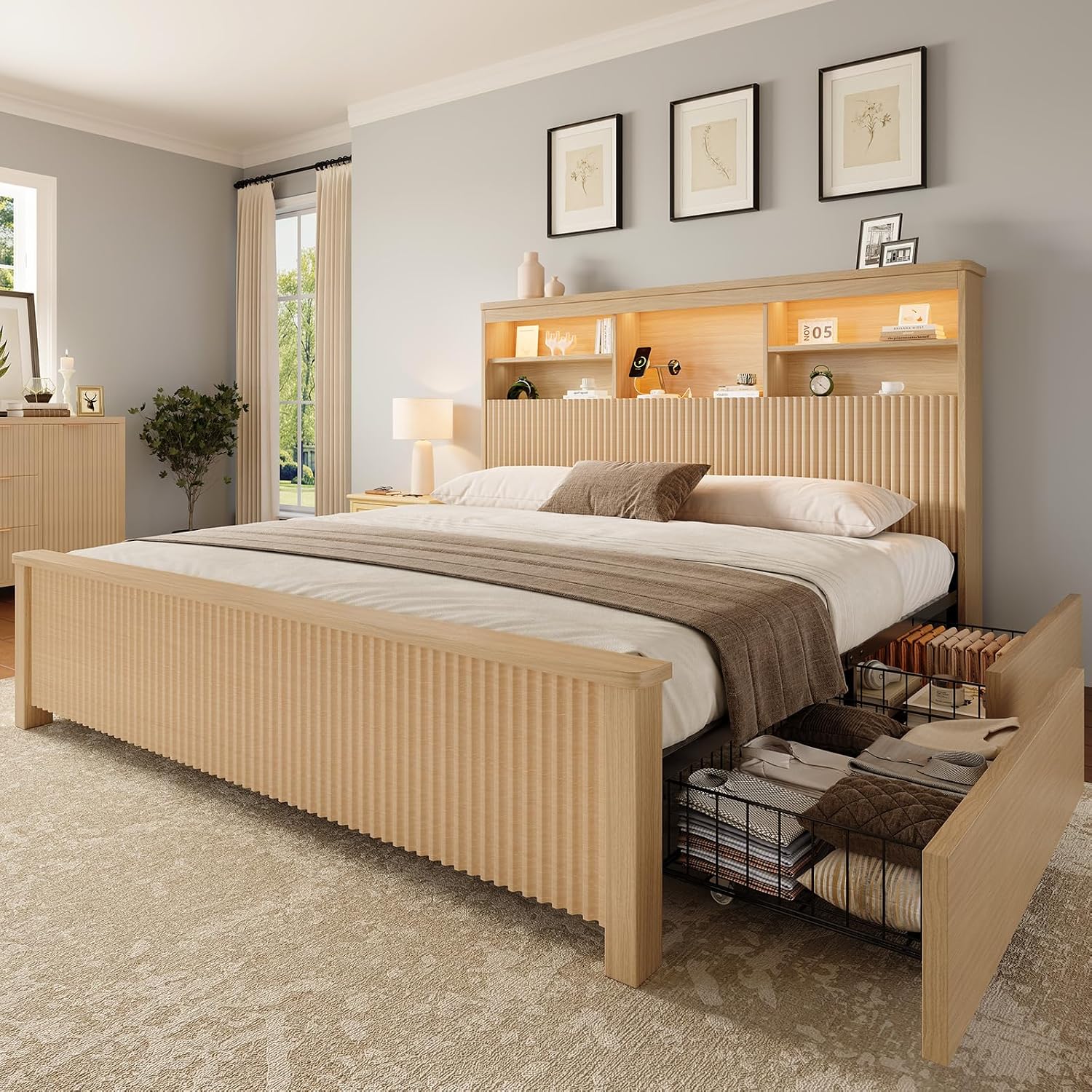 Canopy Bed Frame Metal Queen - クイーンサイズベッドフレーム、収納引き出し4つ付き、ナチュラル | 金属製プラットフォームベッドフレーム、ハイヘッドボード付き、クイーンサイズベッドフレーム、LEDライト付き