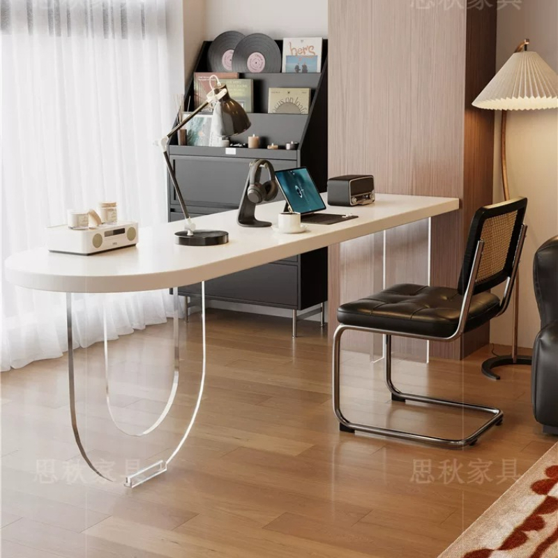 Bedroom Furniture - イタリアンスタイルの白い無垢材デスク北欧風クリエイティブオーバルアクリルフローティングコンピューターデスク学習寝室家具 مكتب عائم FYFD