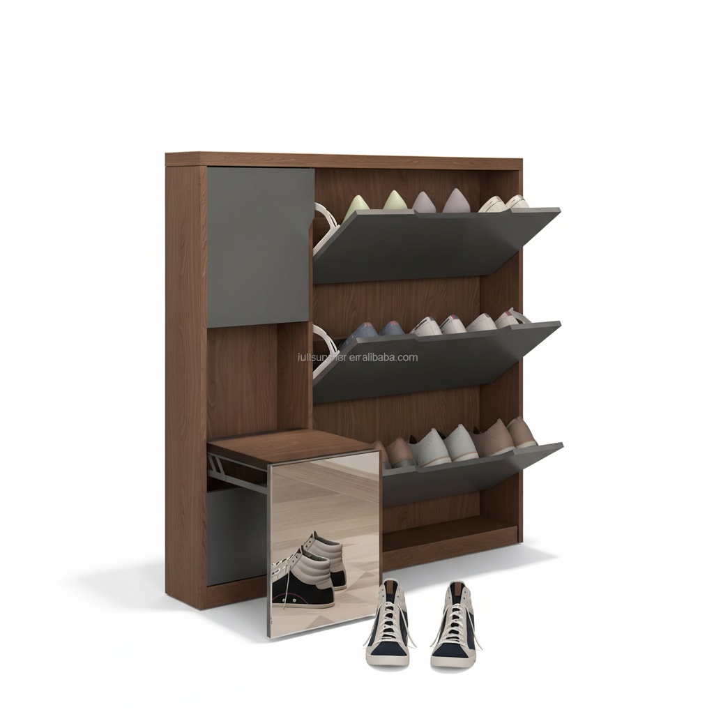 Shoe Rack Cabinet Narrow Entryway - スリムシューズキャビネット、17cm/6.7インチ木製フリップドアシューズラック（シート付き）、省スペース狭い玄関用シューズ収納キャビネット