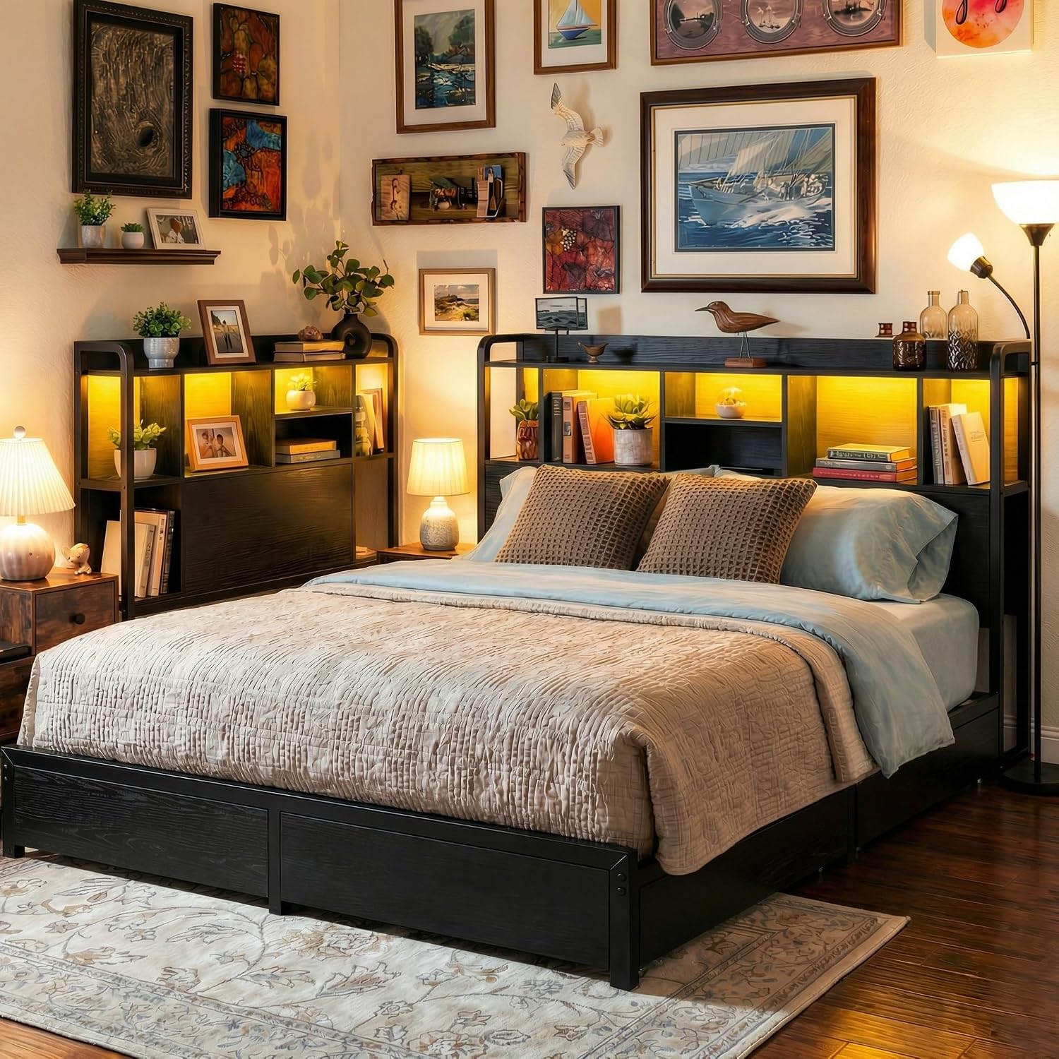 King Size Bed Frame With Storage Drawers - キングサイズベッドフレーム、収納付きヘッドボード、4つの大型引き出し、金属製、カスタマイズ可能