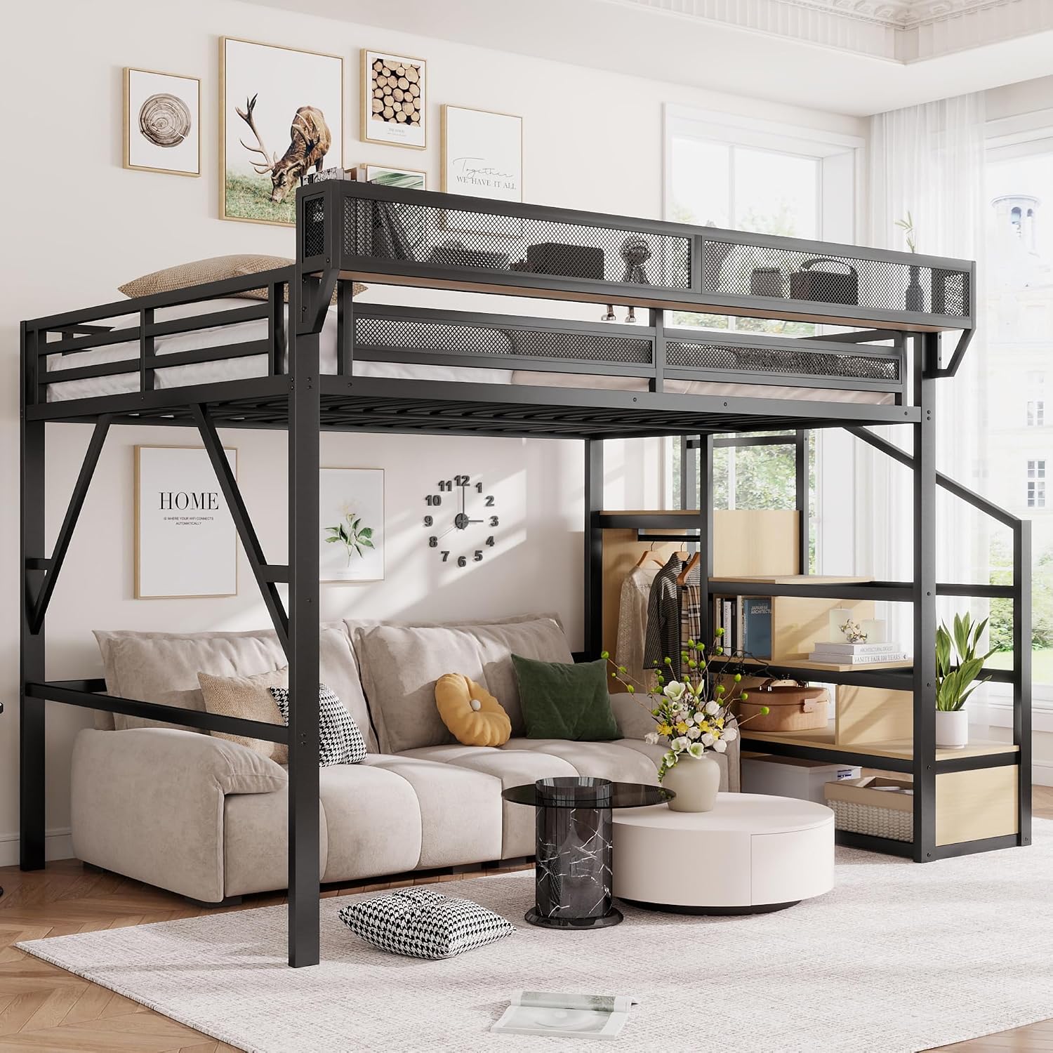Canopy Bed Frame Metal Queen - クイーンサイズロフトベッド（階段と収納付き）、メタルロフトベッドフレーム（ベッドサイドシェルフと大きなベッド下スペース付き）、カスタマイズ可能