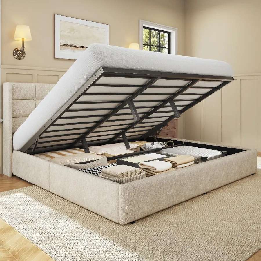Gas Lift Storage Bed Hydraulic - サイズ調整可能な収納ベッドフレーム、リネン生地で覆われたプラットフォームベッド、背もたれ付きヘッドボード、頑丈な油圧式ガスリフト機構（ベッド下部）。