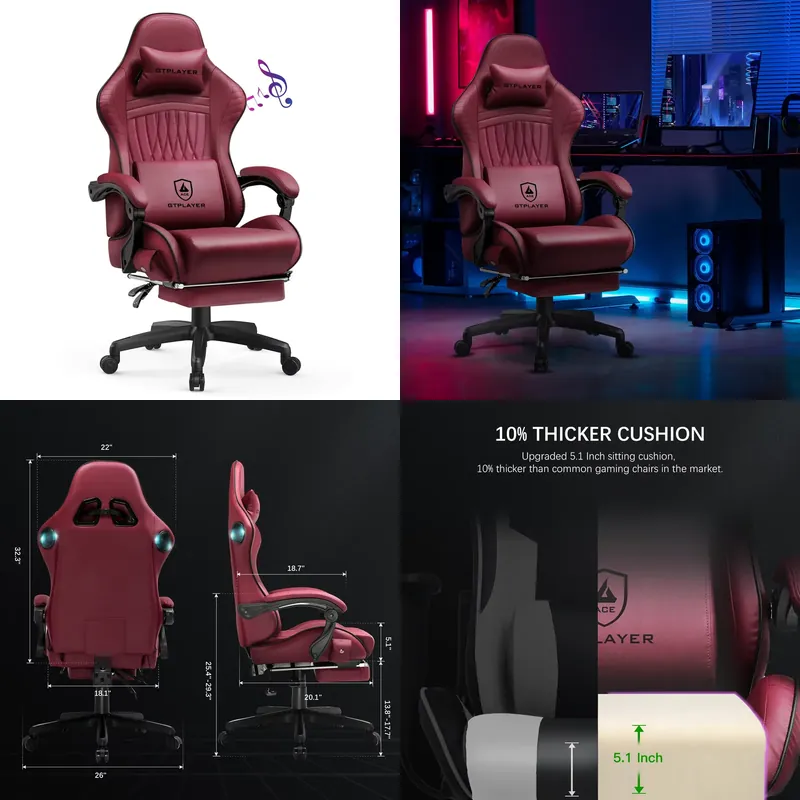 Office Furniture - GTPLAYER製ゲーミングチェア。スピーカー内蔵、人間工学に基づいたデザインの合成皮革製リクライニングチェア。フットレスト付き、角度調整可能な回転式PCチェア。