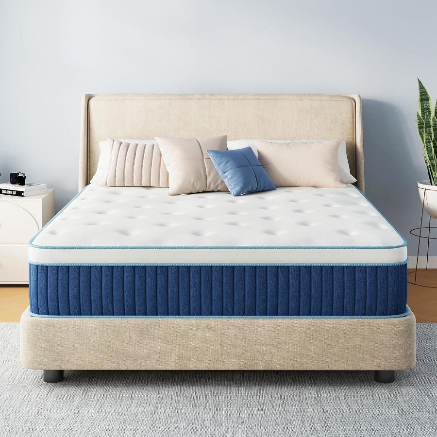 Memory Foam Mattress In A Box Queen - 寝室用の12インチのクイーンサイズのハイブリッドマットレス。ジェル配合のメモリーフォームとポケットコイルを使用。チャコールグレー。適度な硬さ。