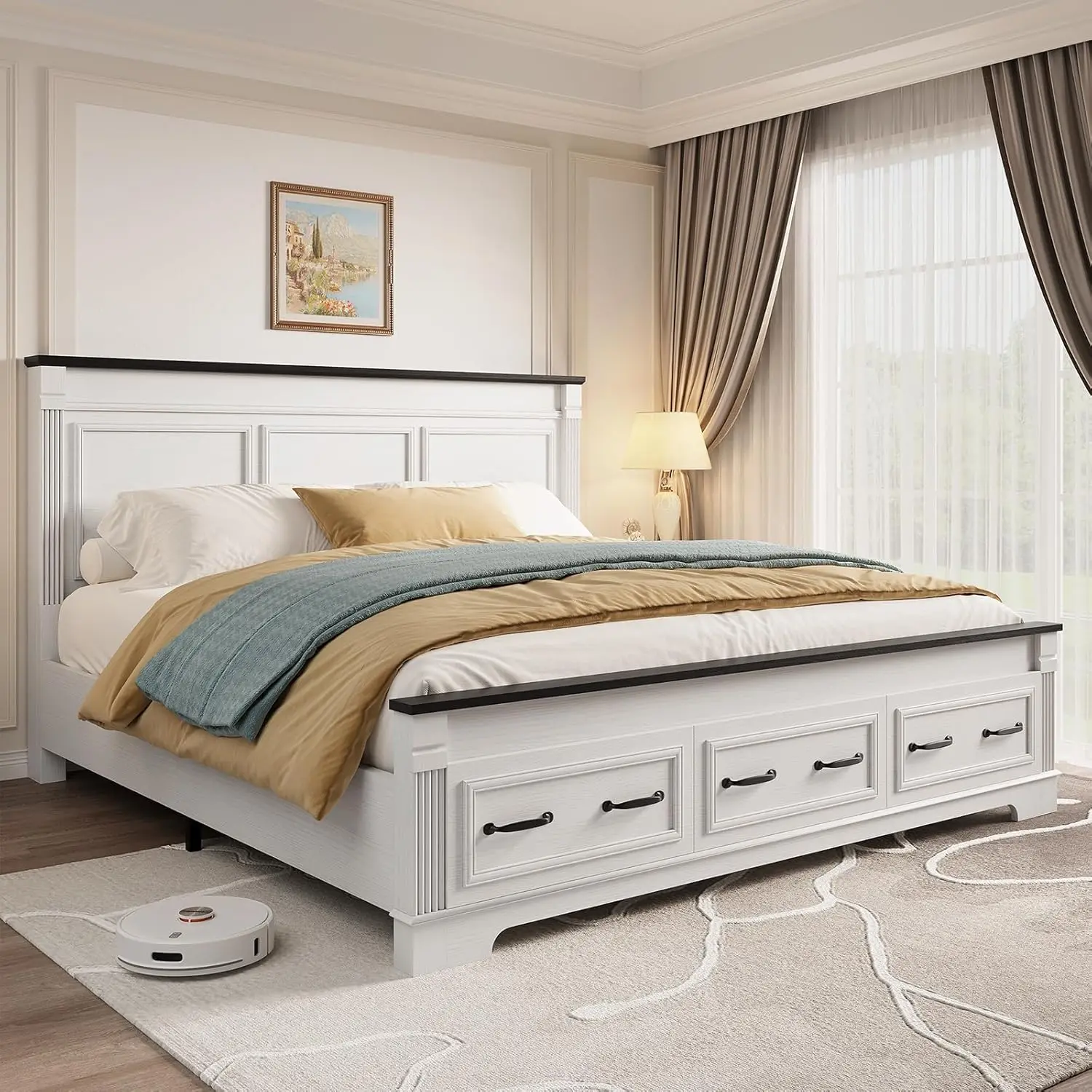 ヘッドボードと収納スペース付きの、農家風のキングサイズベッド - King Size Bed Frame With Storage Drawers のレビューと価格