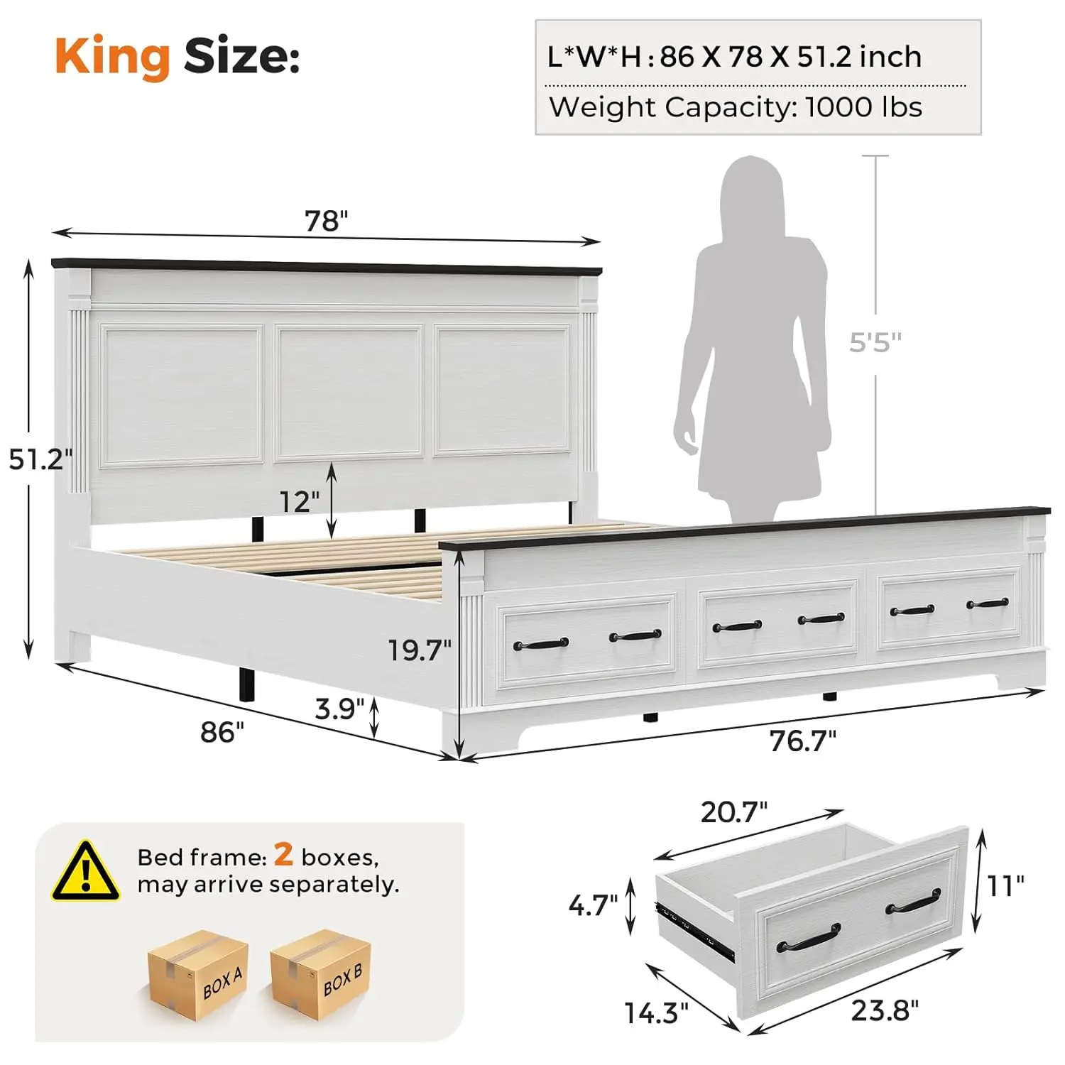 ヘッドボードと収納スペース付きの、農家風のキングサイズベッド - King Size Bed Frame With Storage Drawers のレビューと価格