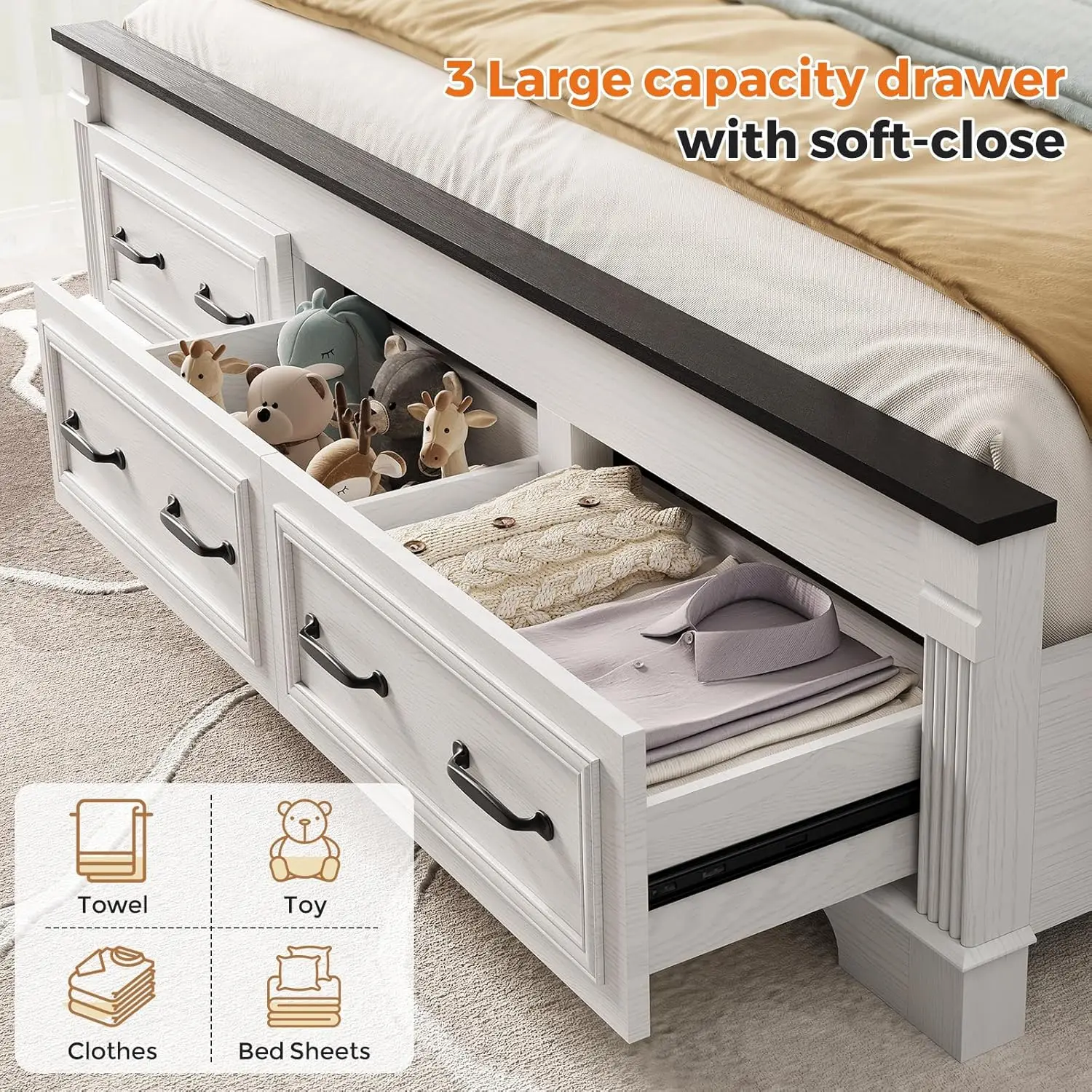 ヘッドボードと収納スペース付きの、農家風のキングサイズベッド - King Size Bed Frame With Storage Drawers のレビューと価格