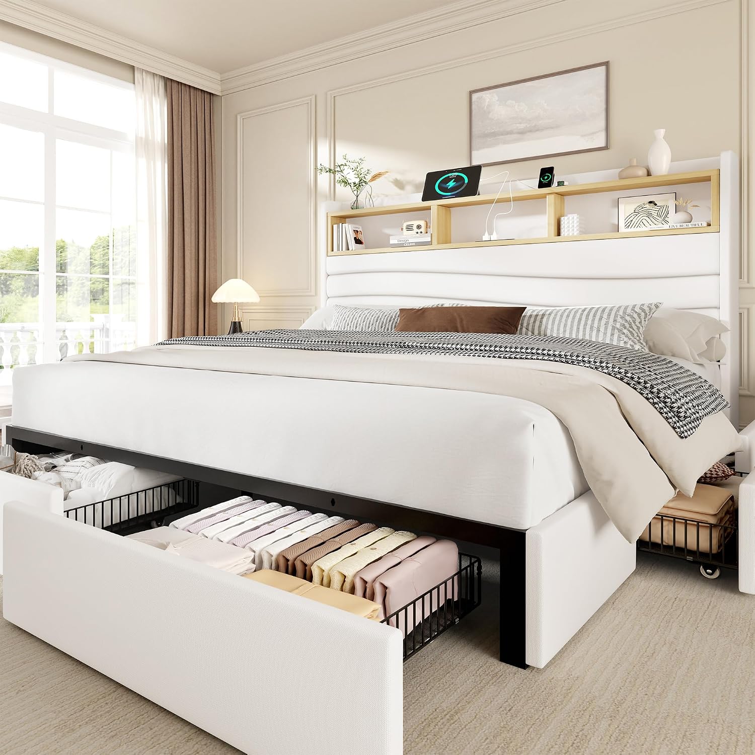 キングサイズベッドフレーム（6つの収納引き出し付き）、リネン - King Size Bed Frame With Storage Drawers のレビューと価格