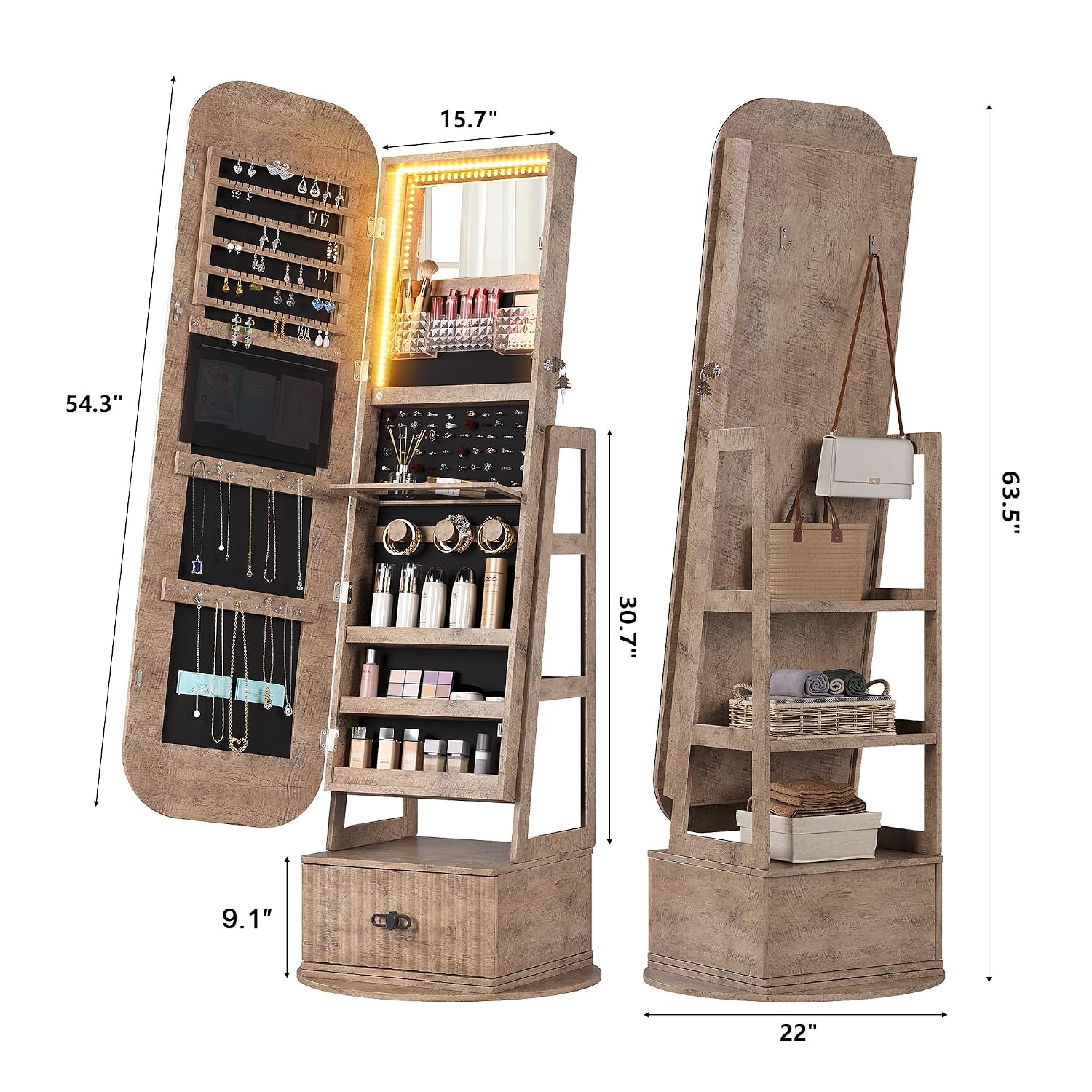 360度回転式のジュエリー収納キャビネット。全身鏡付き。 - Full Length Mirror Jewelry Armoire のレビューと価格