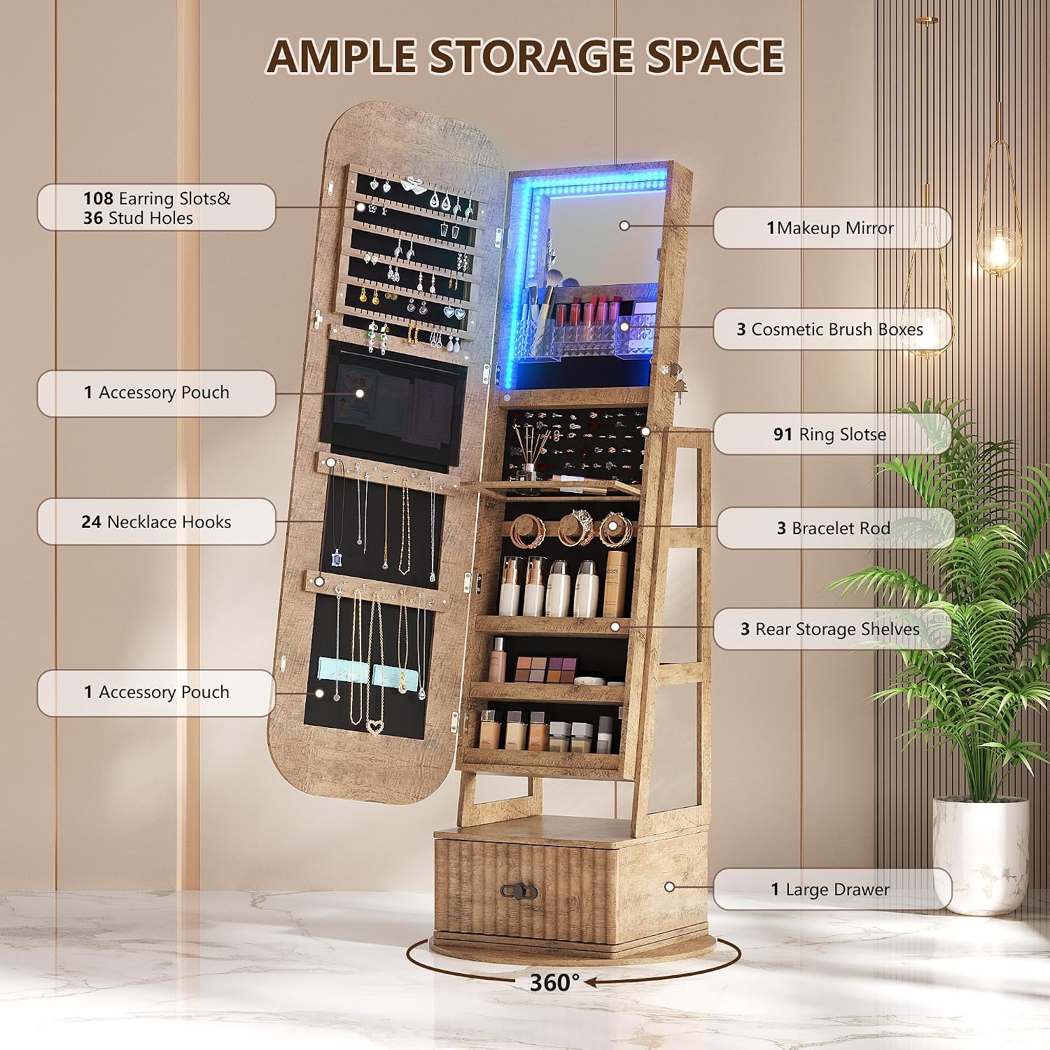 360度回転式のジュエリー収納キャビネット。全身鏡付き。 - Full Length Mirror Jewelry Armoire のレビューと価格