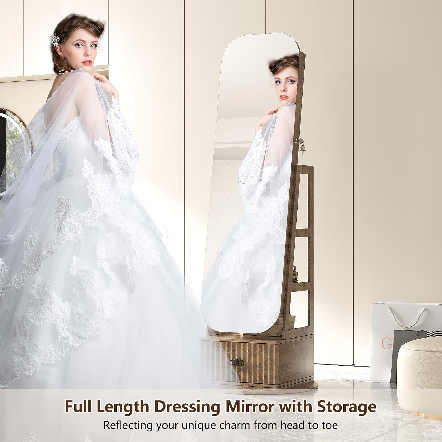 360度回転式のジュエリー収納キャビネット。全身鏡付き。 - Full Length Mirror Jewelry Armoire のレビューと価格