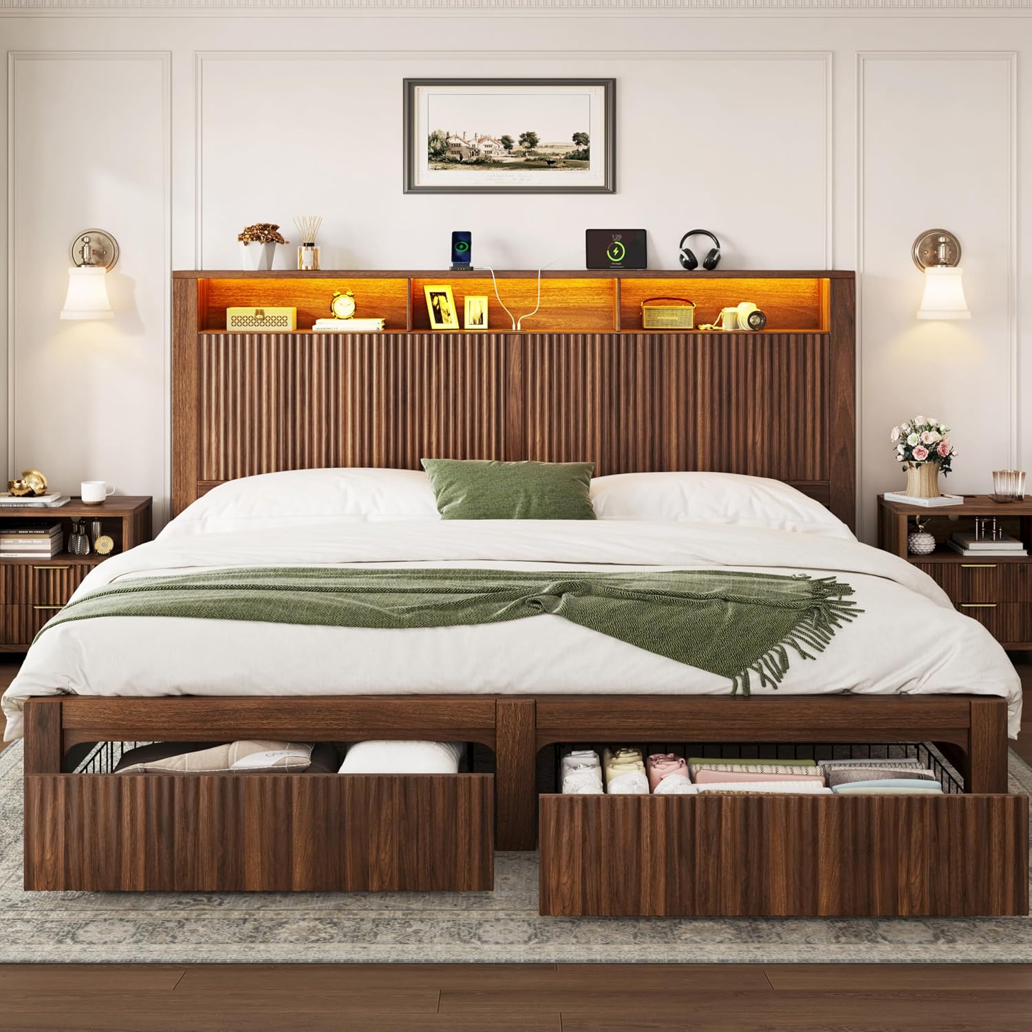キングサイズベッドフレームとヘッドボード、収納引き出し2つ、 - King Size Bed Frame With Storage Drawers のレビューと価格