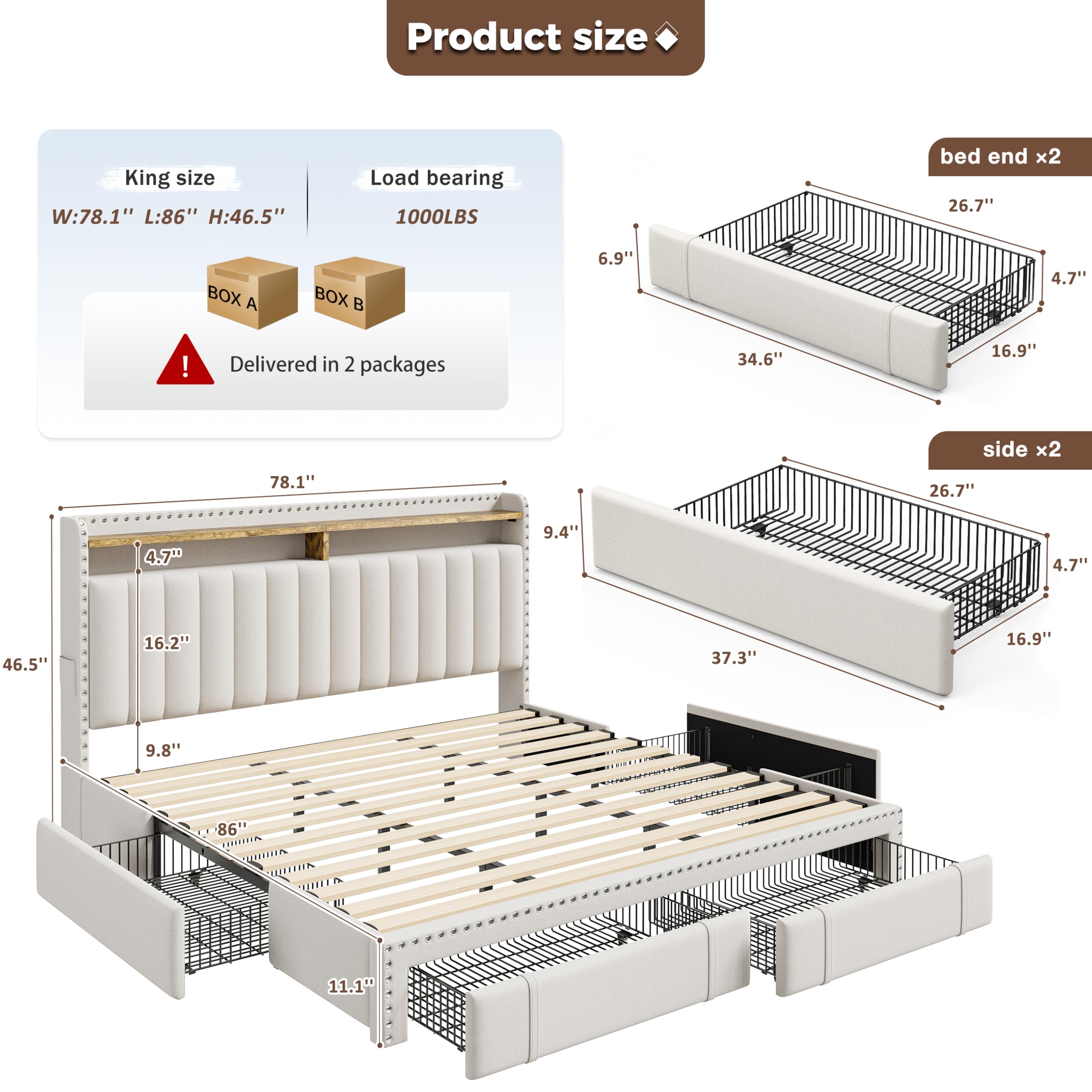 キングサイズのベッドフレーム。収納引き出し4つと収納付きヘッ - King Size Bed Frame With Storage Drawers のレビューと価格