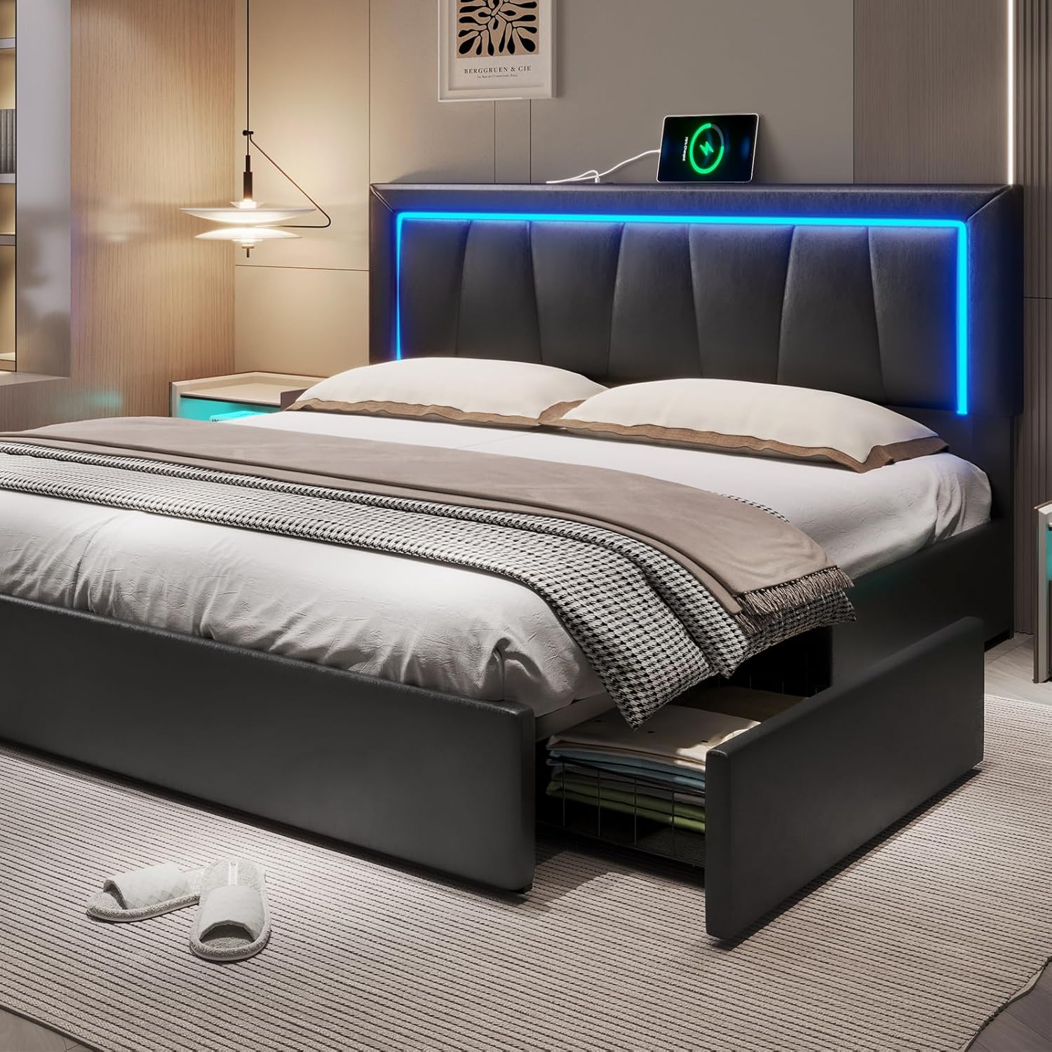 カリフォルニアキングサイズベッドフレーム、下部に4つの収納引 - King Size Bed Frame With Storage Drawers のレビューと価格