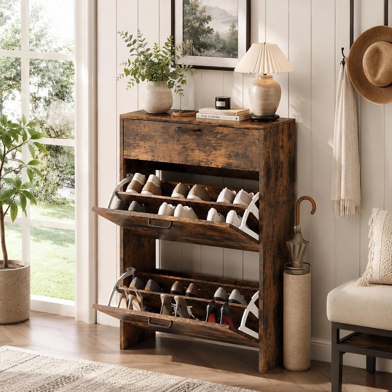 # スリムシューズキャビネット、2つのフリップ式と1つのドロ - Shoe Rack Cabinet Narrow Entryway のレビューと価格