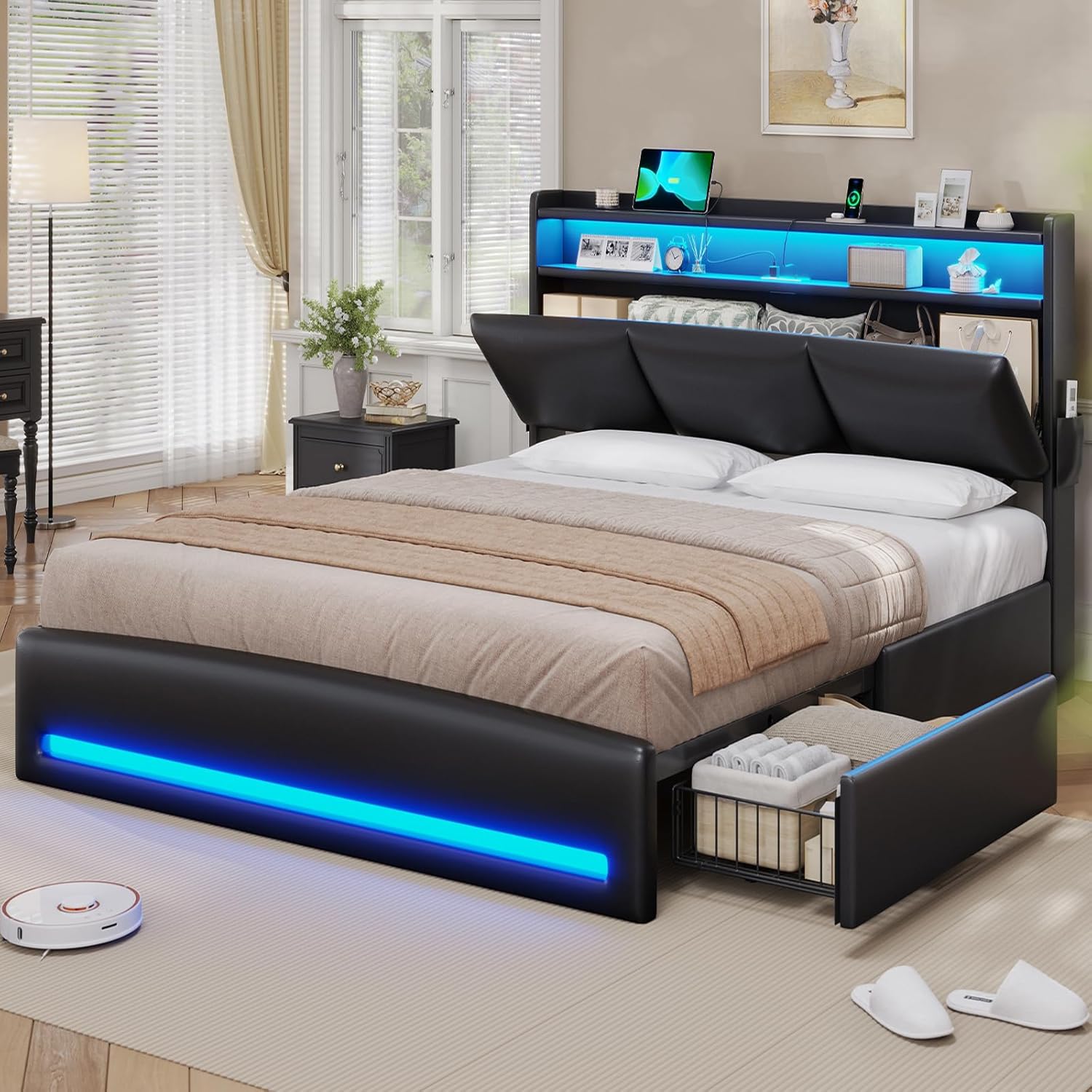 クイーンサイズの収納付きヘッドボードと充電ステーション付き革 - Canopy Bed Frame Metal Queen のレビューと価格