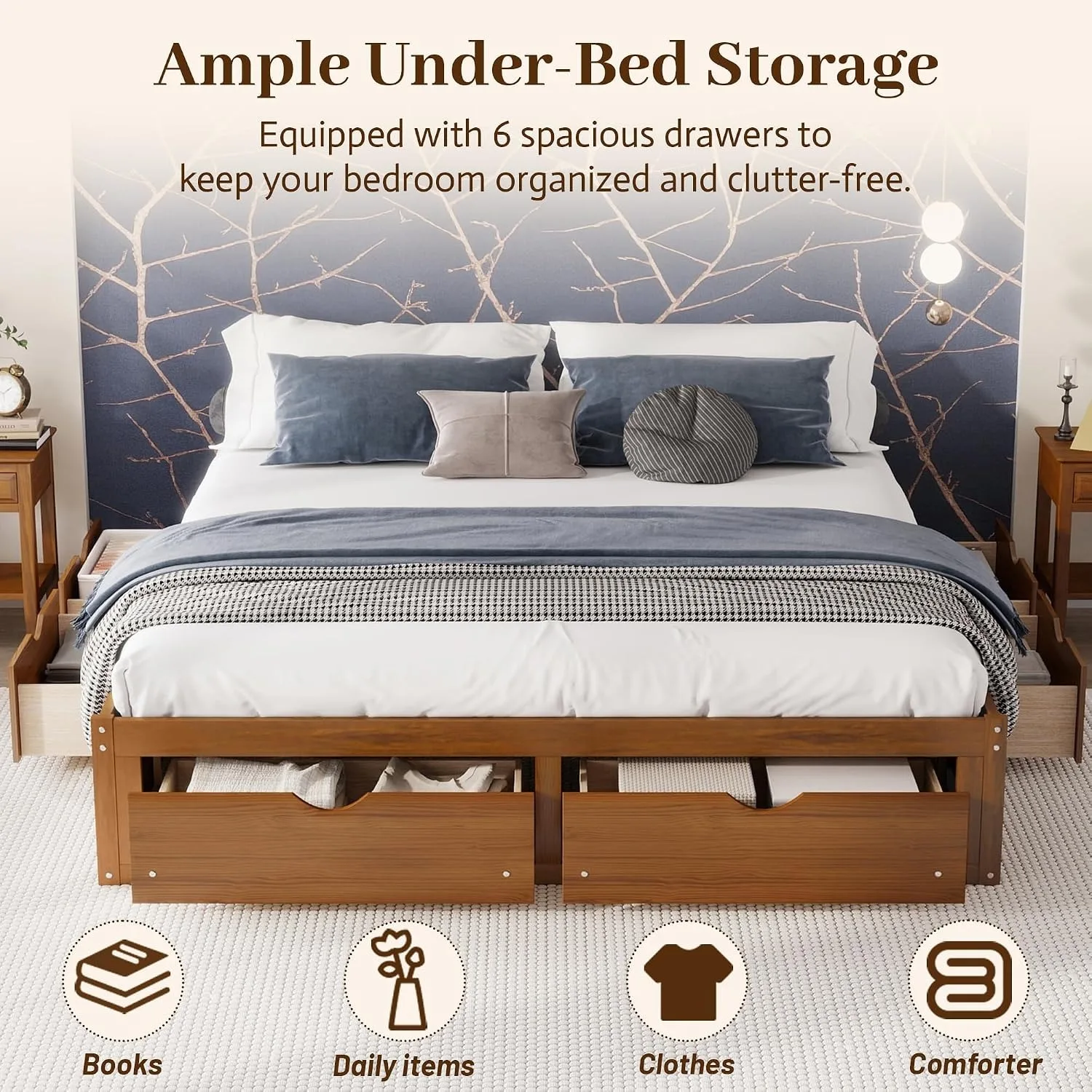 ミニマルなデザインのパイン材製プラットフォームベッドフレーム - King Size Bed Frame With Storage Drawers のレビューと価格