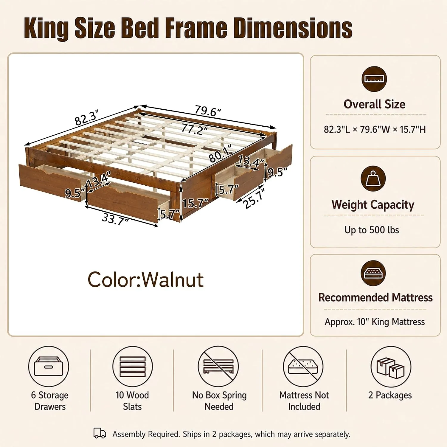 ミニマルなデザインのパイン材製プラットフォームベッドフレーム - King Size Bed Frame With Storage Drawers のレビューと価格