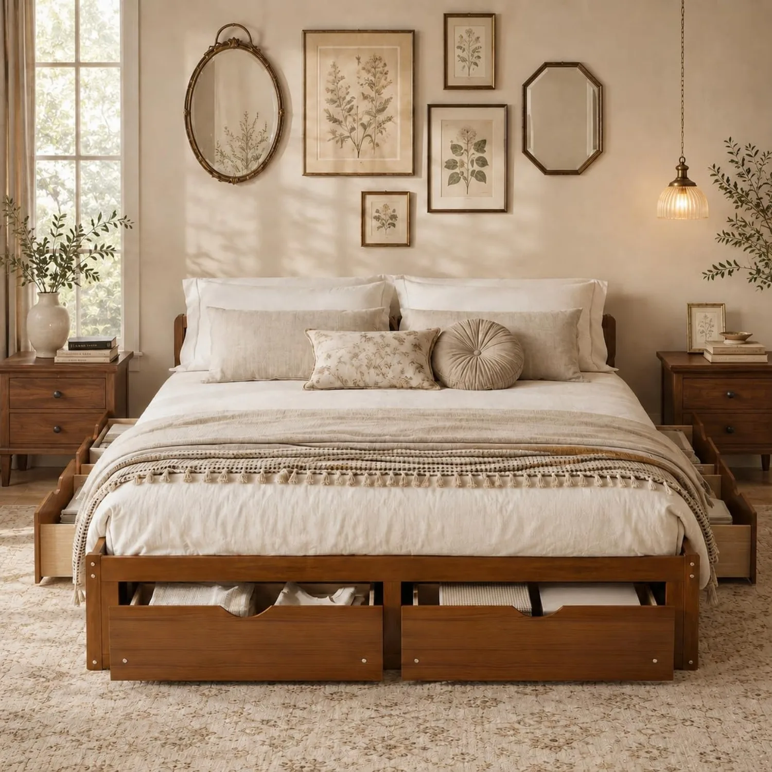 ミニマルなデザインのパイン材製プラットフォームベッドフレーム - King Size Bed Frame With Storage Drawers のレビューと価格