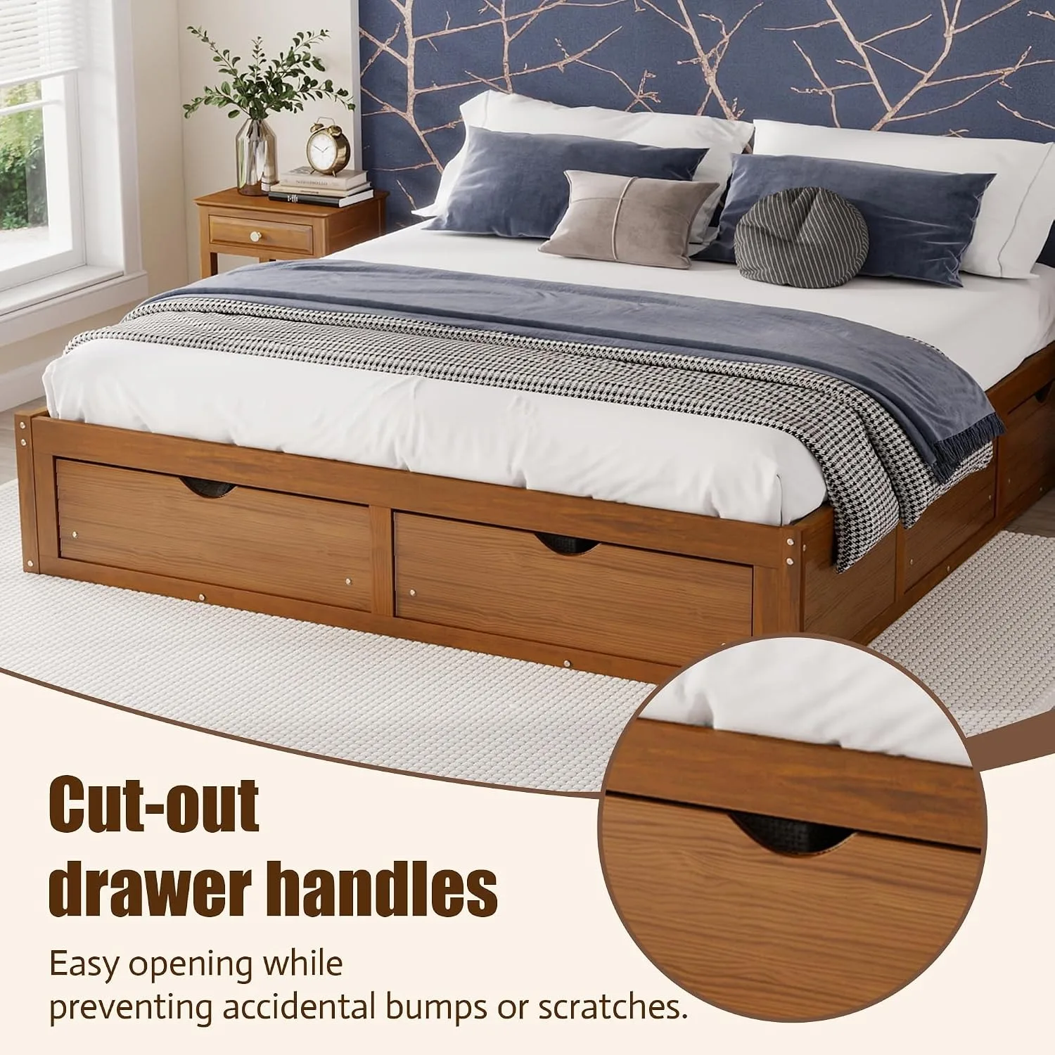 ミニマルなデザインのパイン材製プラットフォームベッドフレーム - King Size Bed Frame With Storage Drawers のレビューと価格