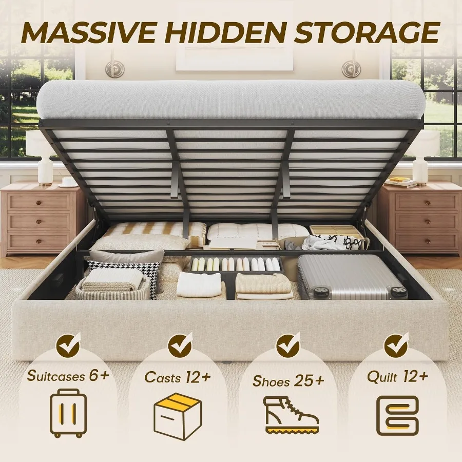サイズ調整可能な収納ベッドフレーム、リネン生地で覆われたプラ - Gas Lift Storage Bed Hydraulic のレビューと価格