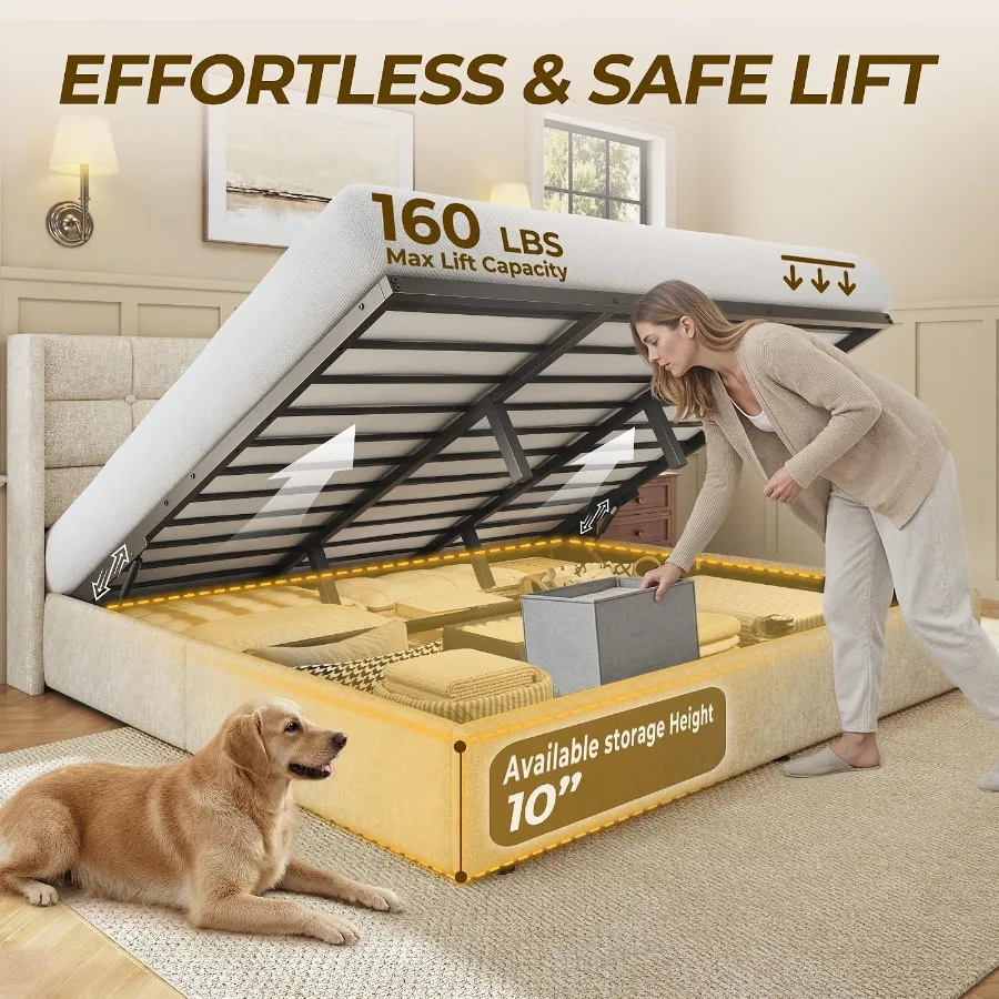 サイズ調整可能な収納ベッドフレーム、リネン生地で覆われたプラ - Gas Lift Storage Bed Hydraulic のレビューと価格