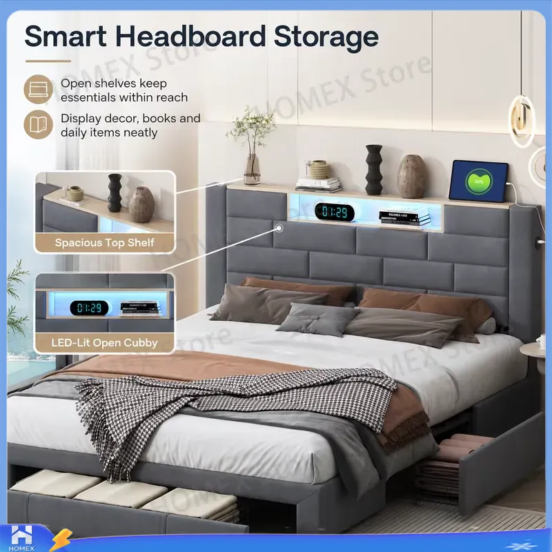 幅1.5mのダブルベッドフレーム。収納付きオットマン、ガス圧 - Gas Lift Storage Bed Hydraulic のレビューと価格