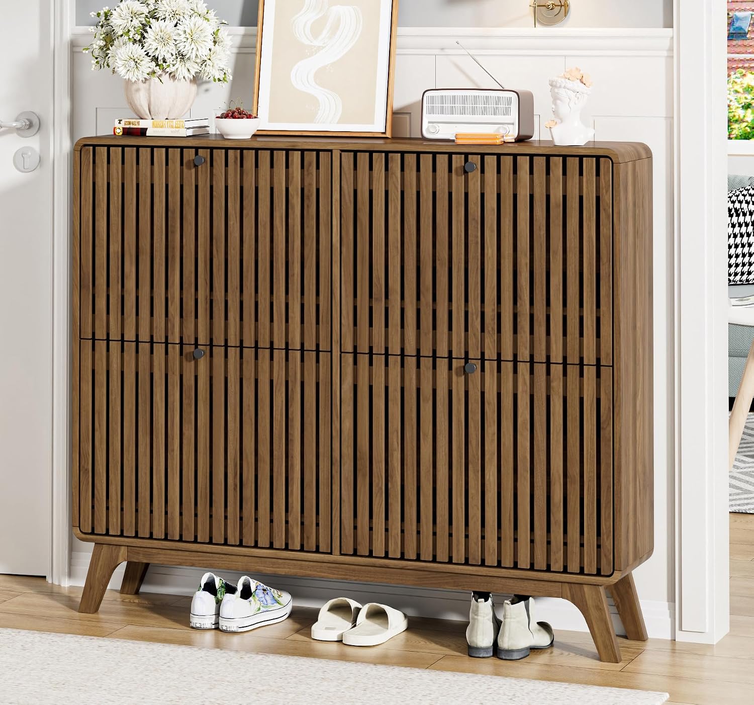 # 大型竹製靴箱（4つの跳ね上げ式引き出し付き）、玄関廊下用 - Shoe Rack Cabinet Narrow Entryway のレビューと価格